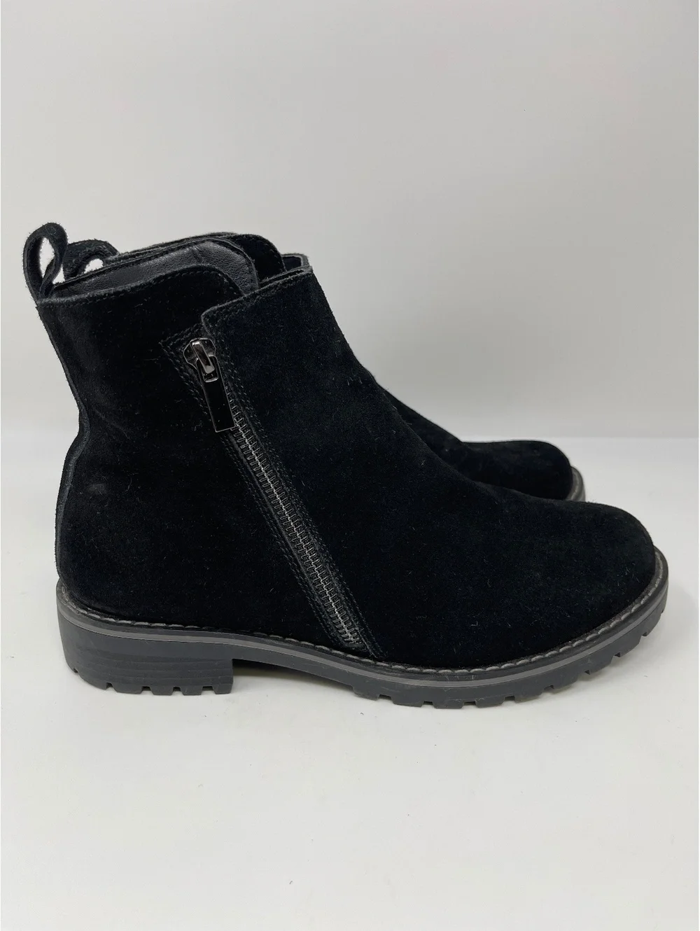 Women’s Black Suede Ankle Boots Size 8 Dual Side Zip Lug Sole Comfort Booties